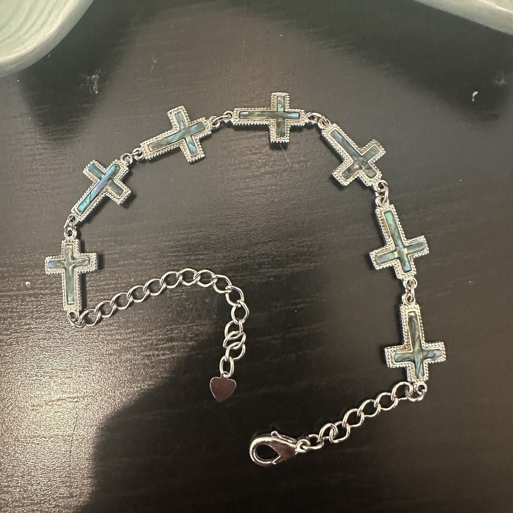 Vintage 90s Y2K Coastal Faux Abalone Cross Chain Bracelet Silver Tone Adjustable - Picture 2 of 4